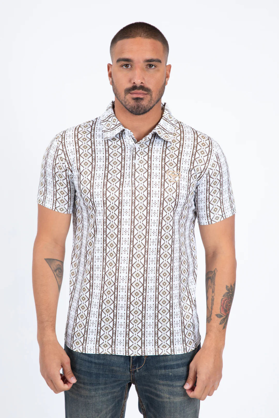 PLATINI MENS PERFORMANCE FABRIC MODERN FIT STRETCH AZTEC PRINT POLO WHITE PGP11440