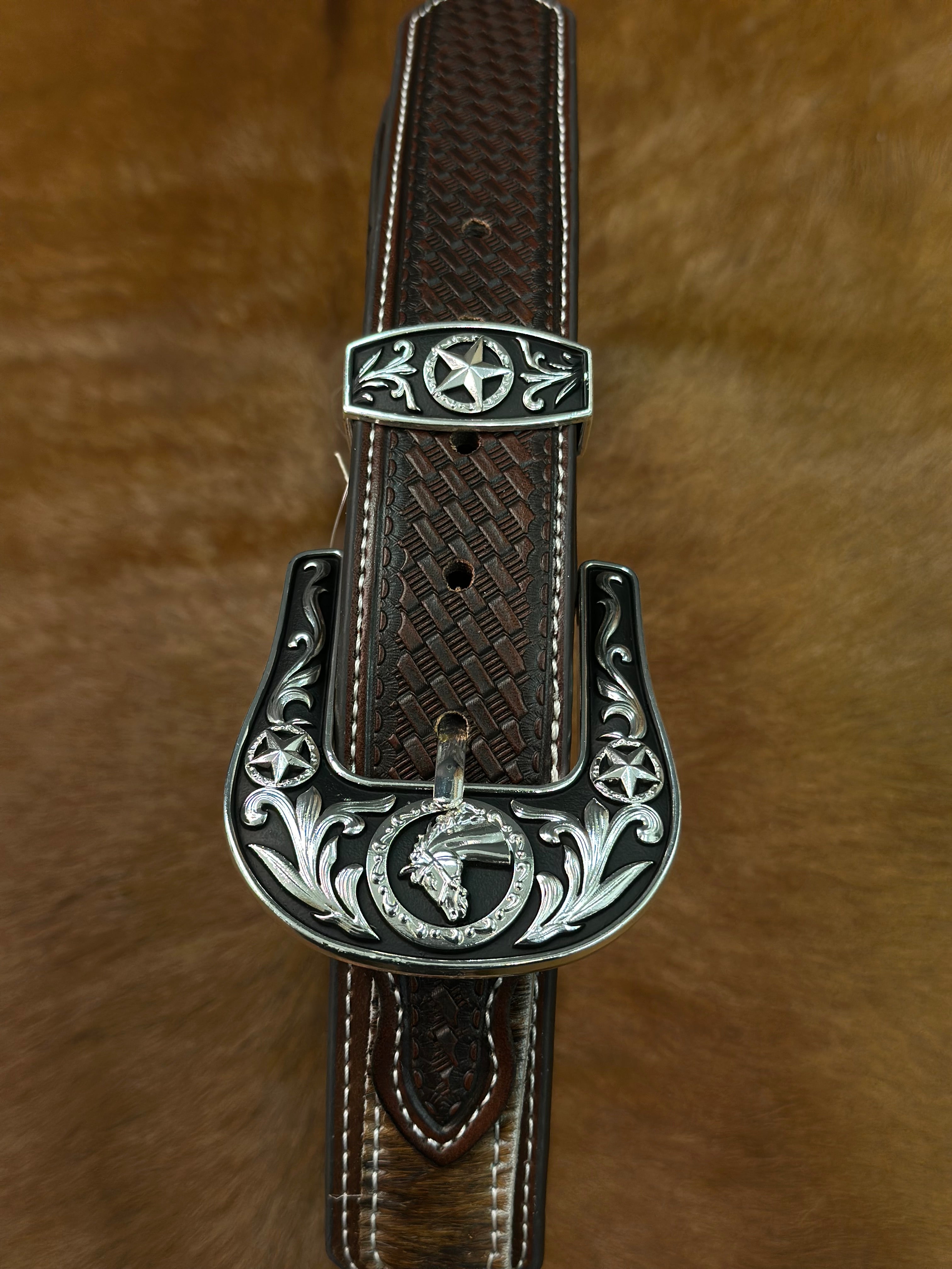 BROWN WOMENS COWHIDE BELT HORSE SILVER DESIGN SILVER BUCKLE