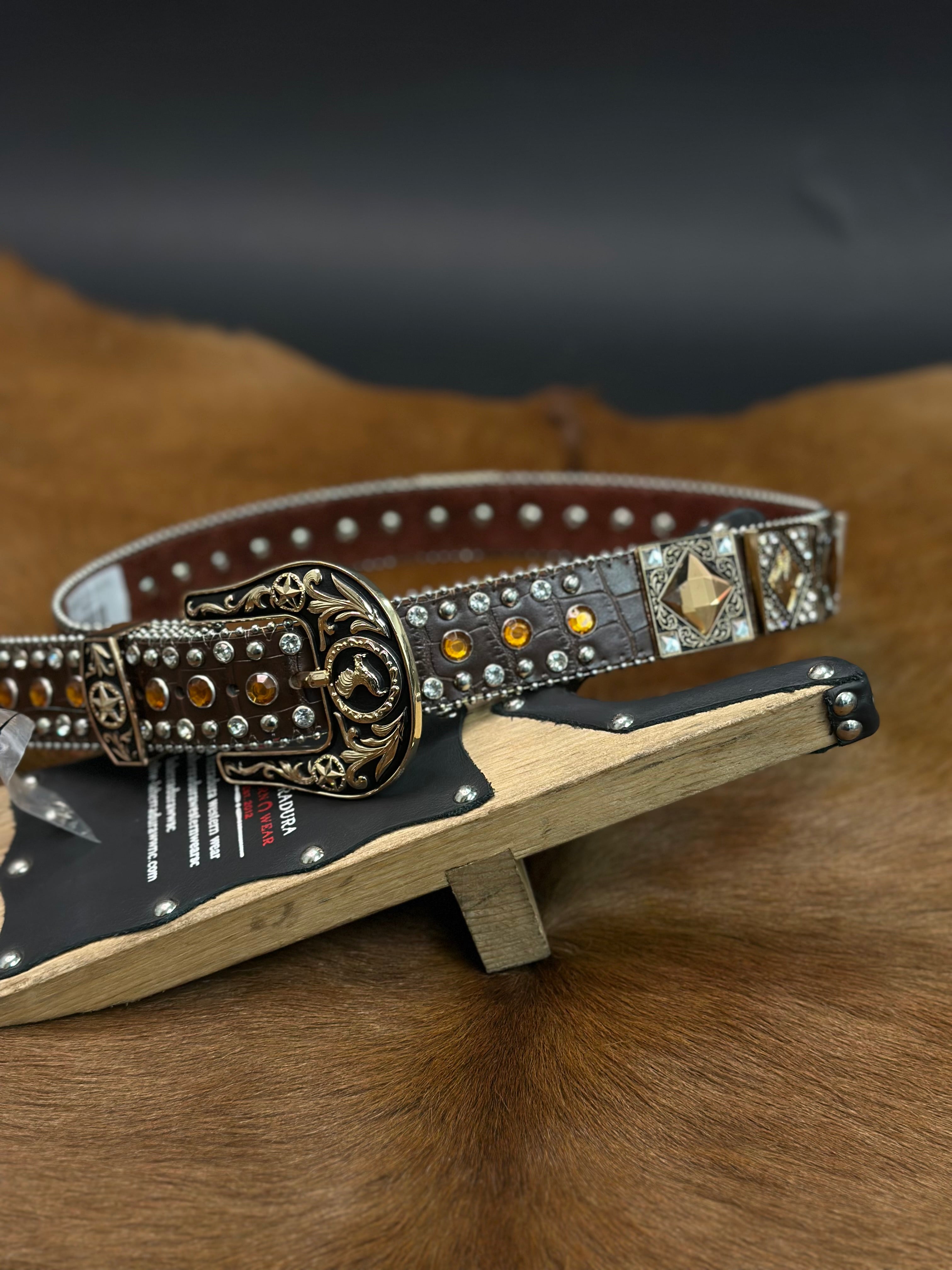 BROWN EXOTIC CLEAR BLING UNISEX BELT ROSE/ BLACK BUCKLE