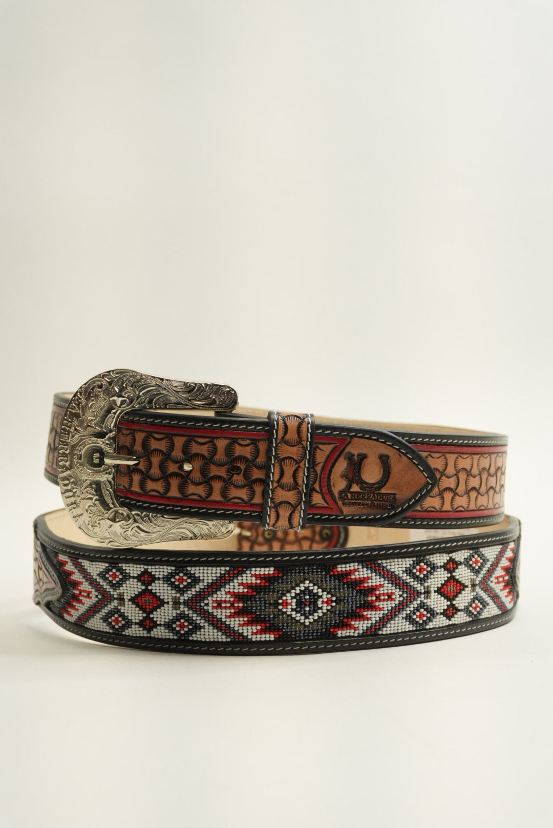 LA HERRADURA 2 INCH BELT BLACK AZTEC RED/GREY NEW DESIGN