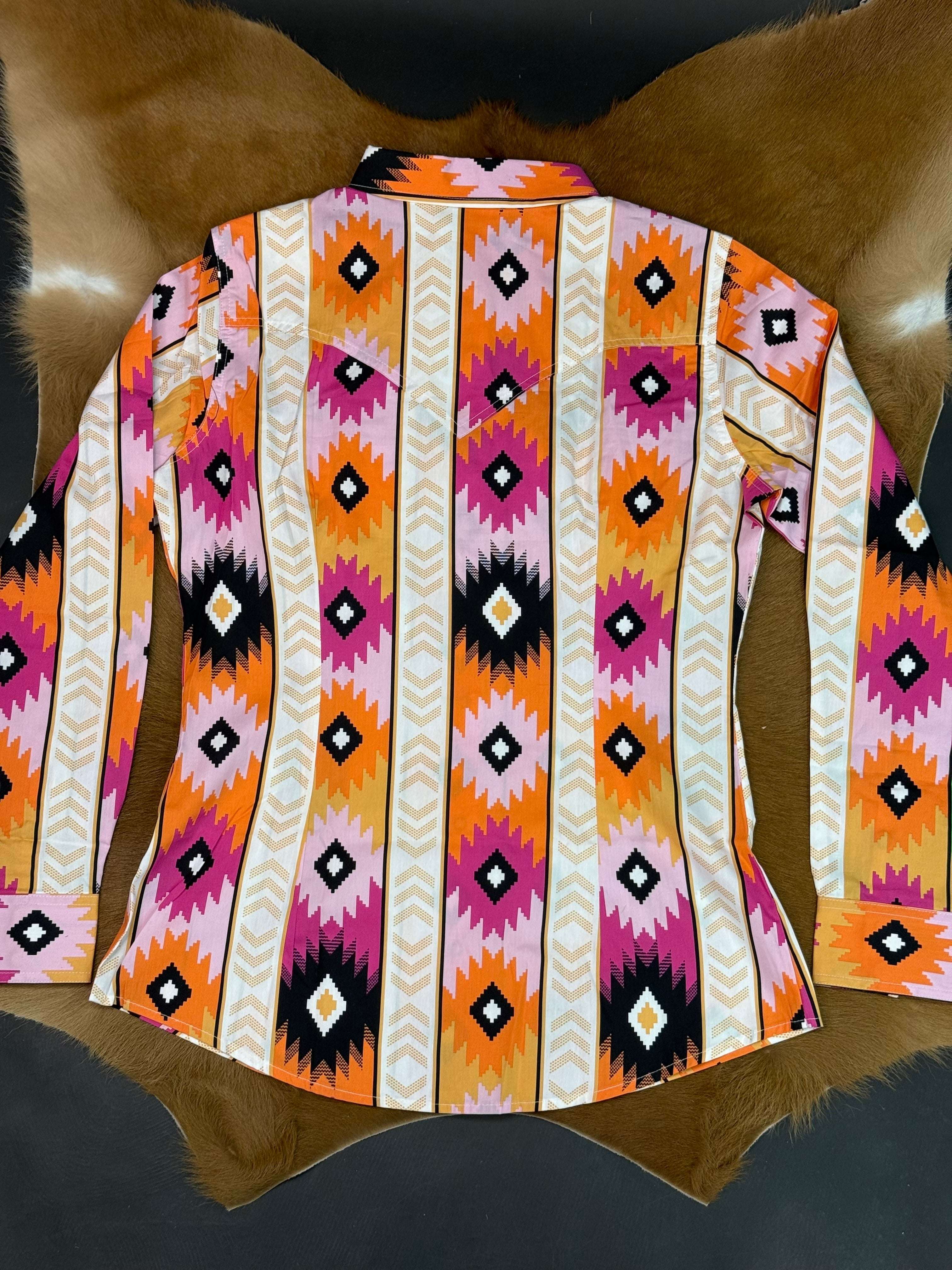 WRANGLER WOMEN AZTEC PINK ORANGE LONG SLEEVE SHIRT-191683812223 Laherradurawwnc.com