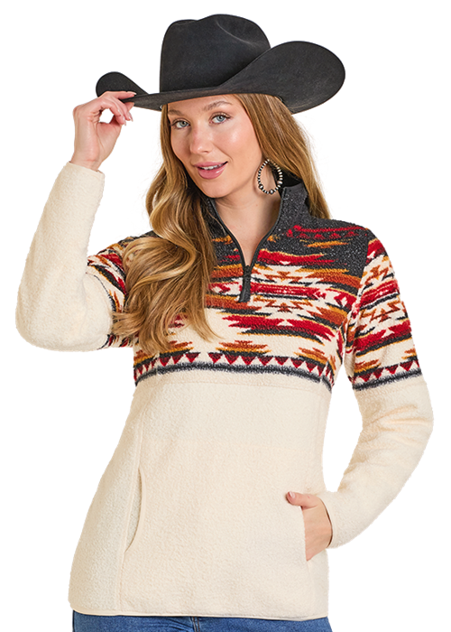 PANHANDLE WOMENS SLIM BLACK AZTEC BORDER BERBER PULLOVER DW91C06863