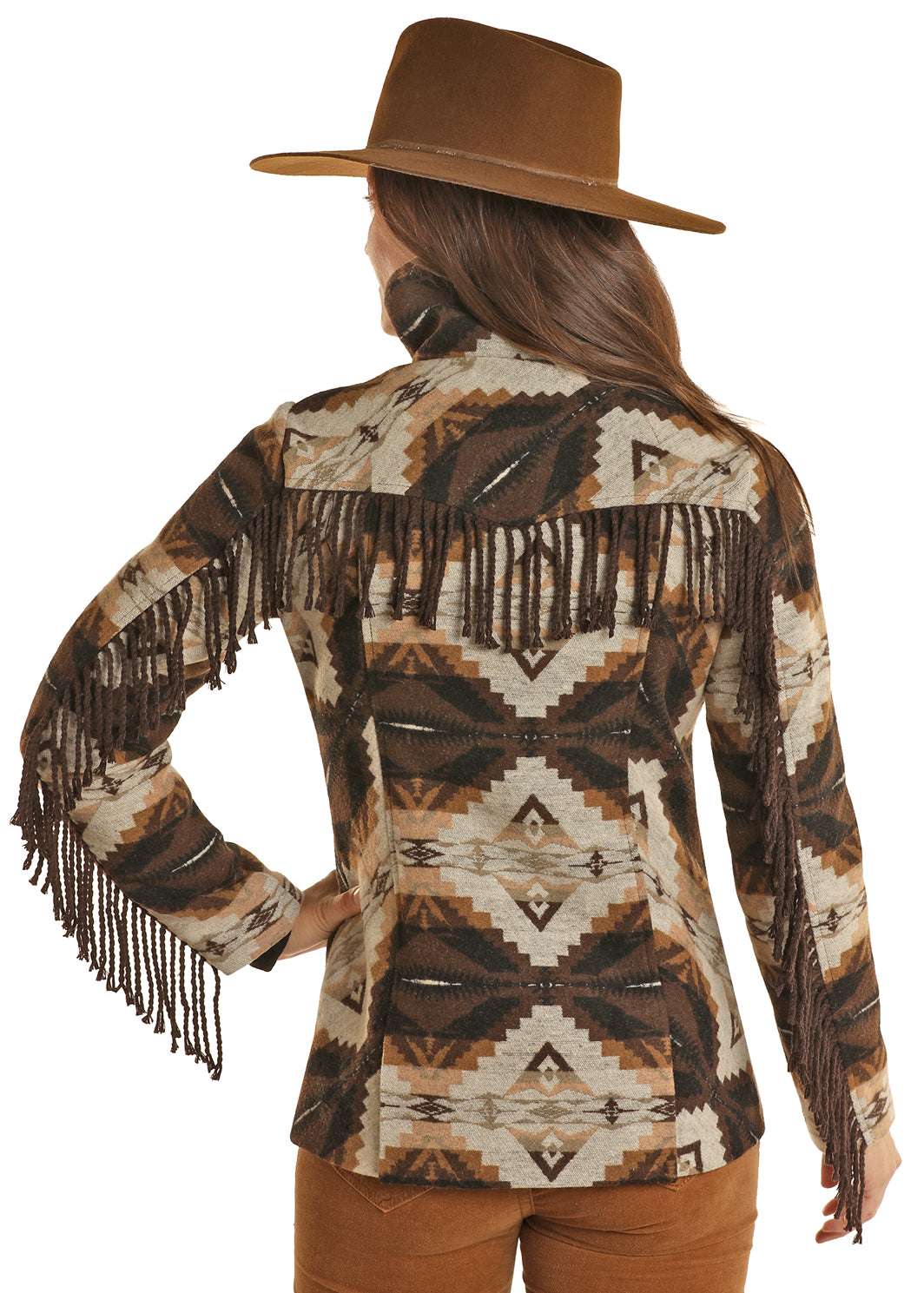ROCK AND ROLL WOMEN AZTEC WOOL COAT W FRINGE DARK BROWN DW92C01500 Laherradurawwnc.com