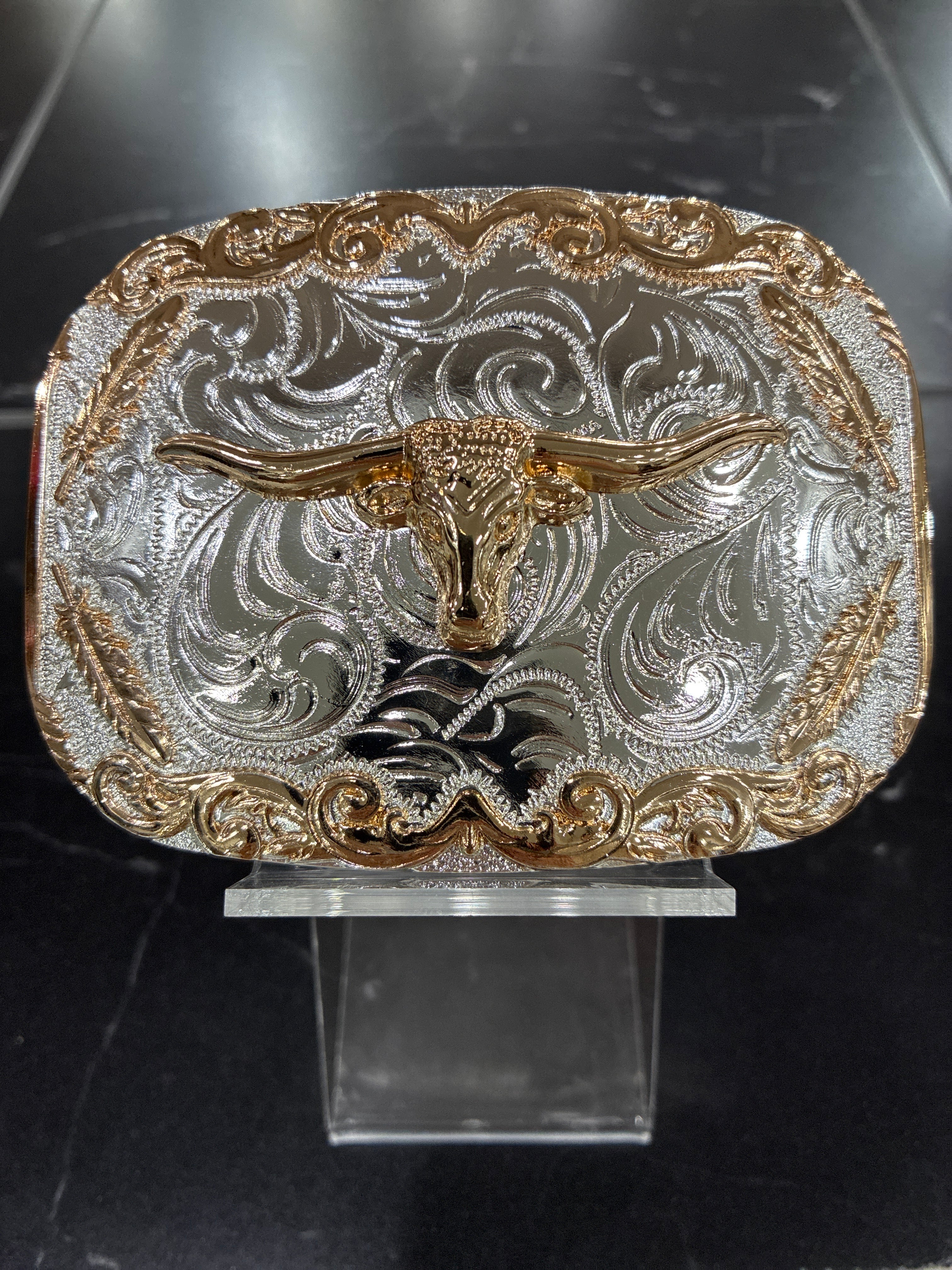 SILVER WITH COPPER DESIGNS LONGHORN BUCKLE