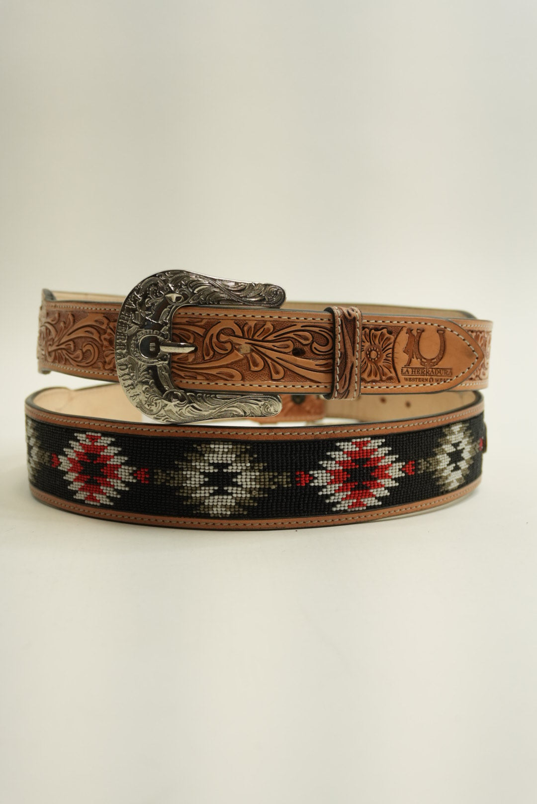 LA HERRADURA BELT AZTEC BROWN LIGHT RED WITH GREY PRINT WESTERN STYLE NEW DESIGN