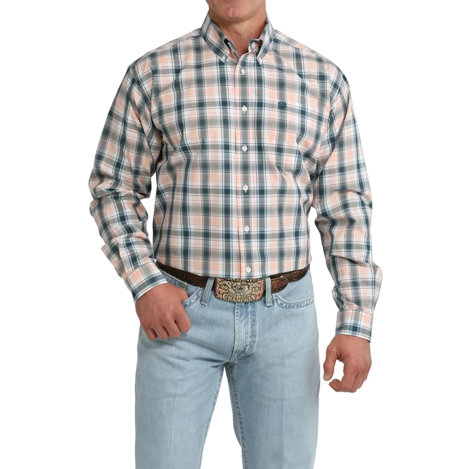 CINCH MENS PLAID CORAL LONG SLEEVE SHIRT - MTW1106103