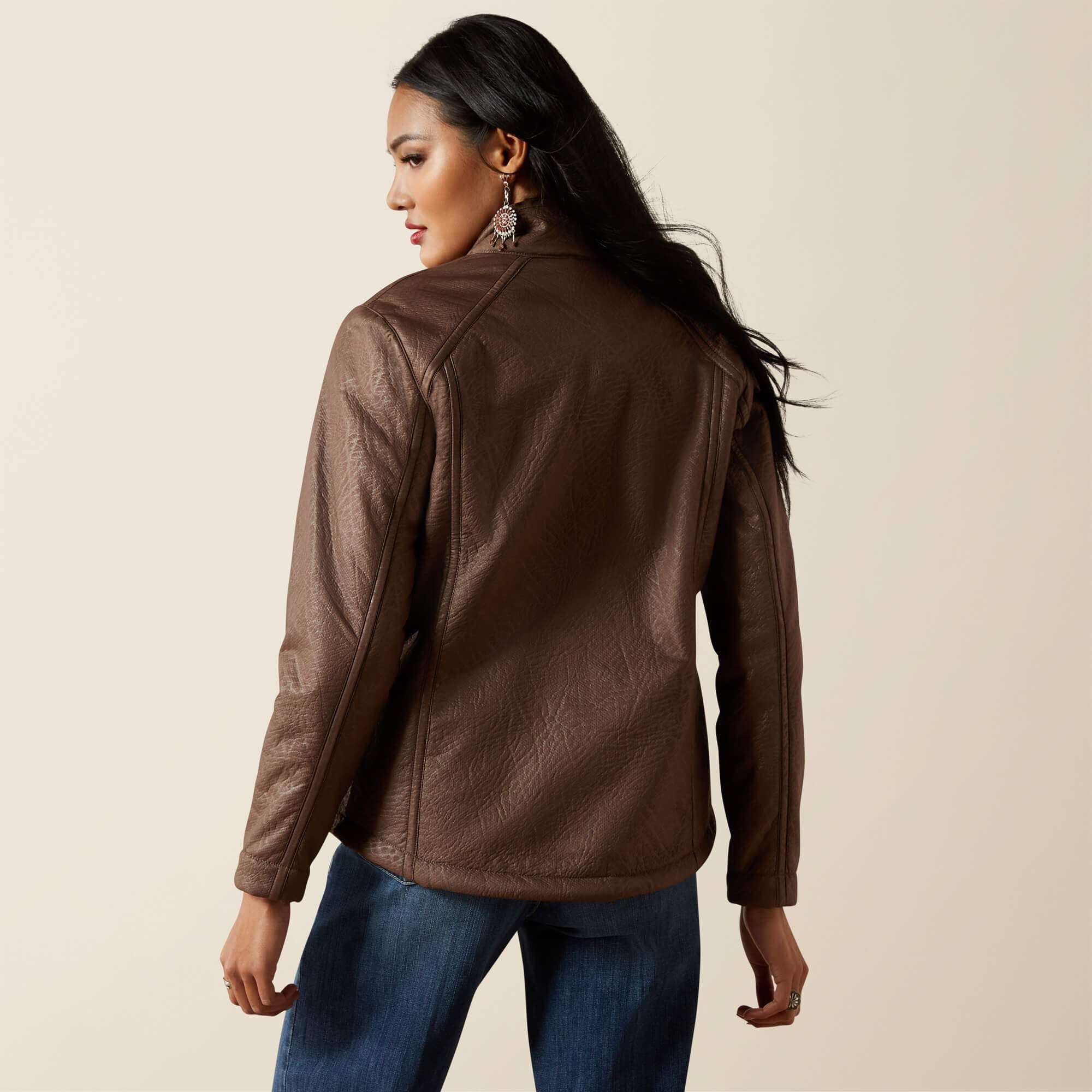 ARIAT WOMENS LOGO SOFTSHELL FAUX LEATHER BROWN FAUX LEATHER JAKET 10062795 Laherradurawwnc.com