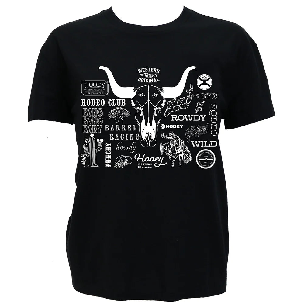 HOOEY WOMEN T-SHIRT BLACK WITH WHITE RODEO LOGO ON CHEST- HT2629BK