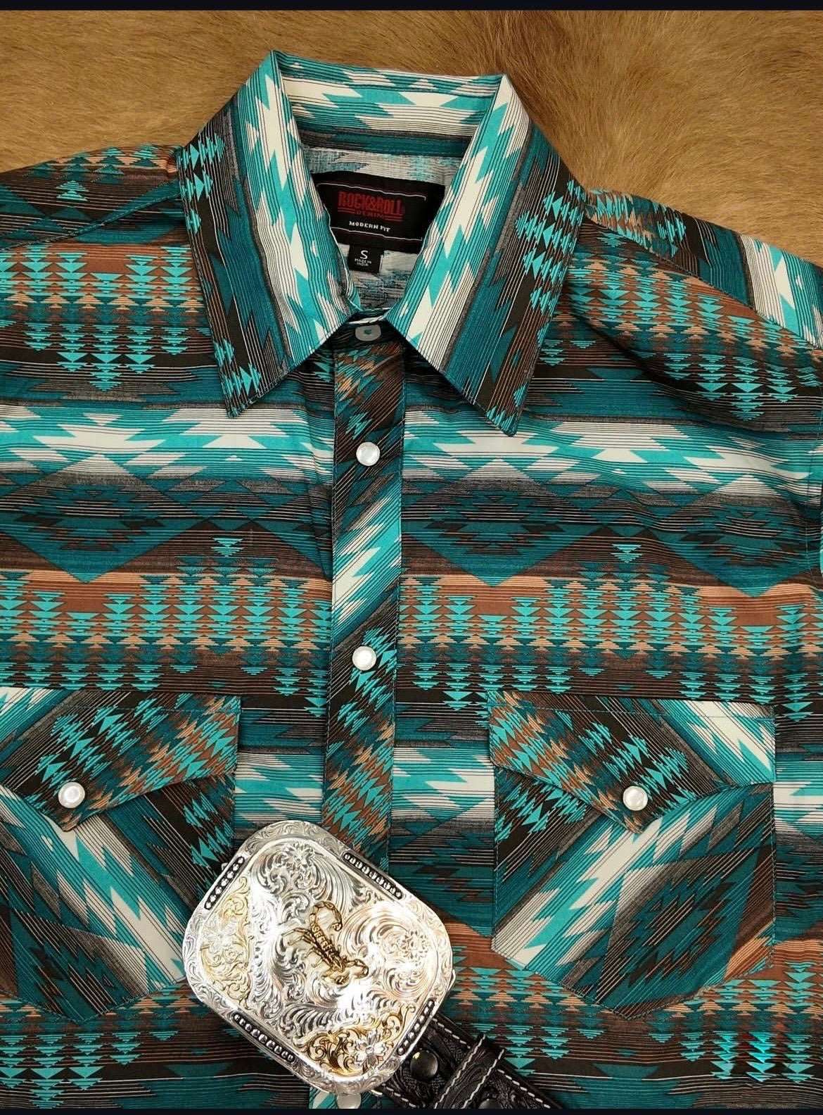 ROCK&ROLL MEN TURQUOISE- RR AZTEC PRINT SS SHIRT SHORT SNAP-BMN3S07152 Laherradurawwnc.com