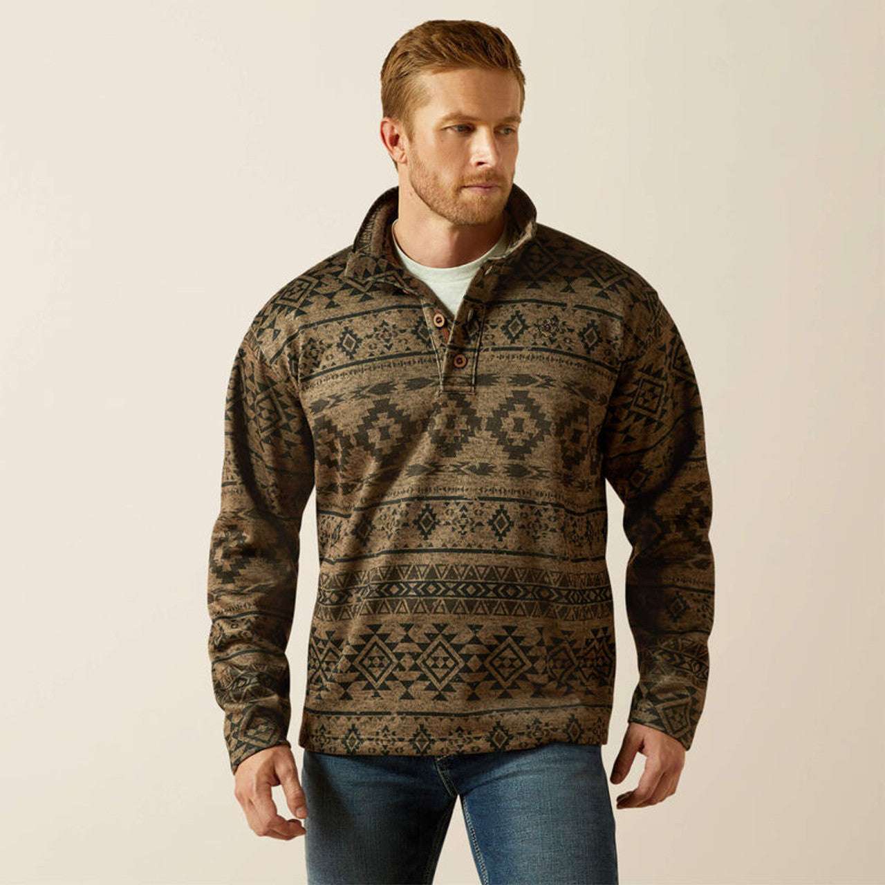 ARIAT LIGHT BROWN SOUTHWEST CALDWELL LOGO 1/4 ZIP UP SWEATER- 10062482 Laherradurawwnc.com