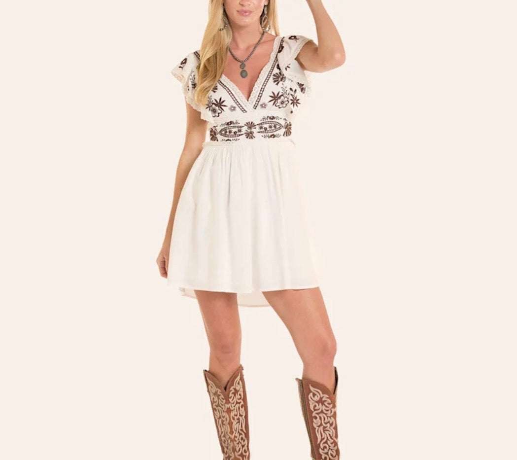 ROCK&ROLL - NATURAL EMBROIDERED MINI DRESS - BWD0R08818 Laherradurawwnc.com