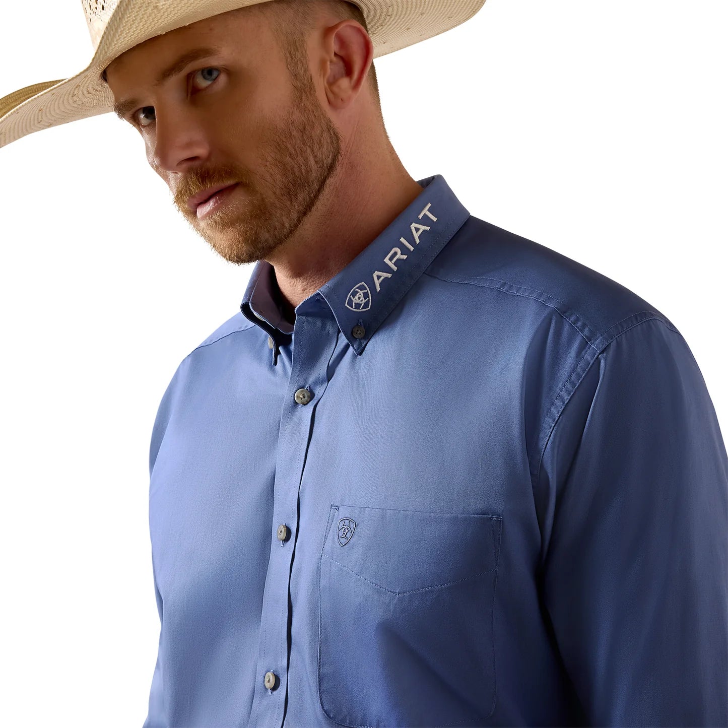 ARIAT MENS TEAM LOGO LIGHTWEIGHT TWILL LS SHRT COLONIAL BLUE/WHITE 10073660