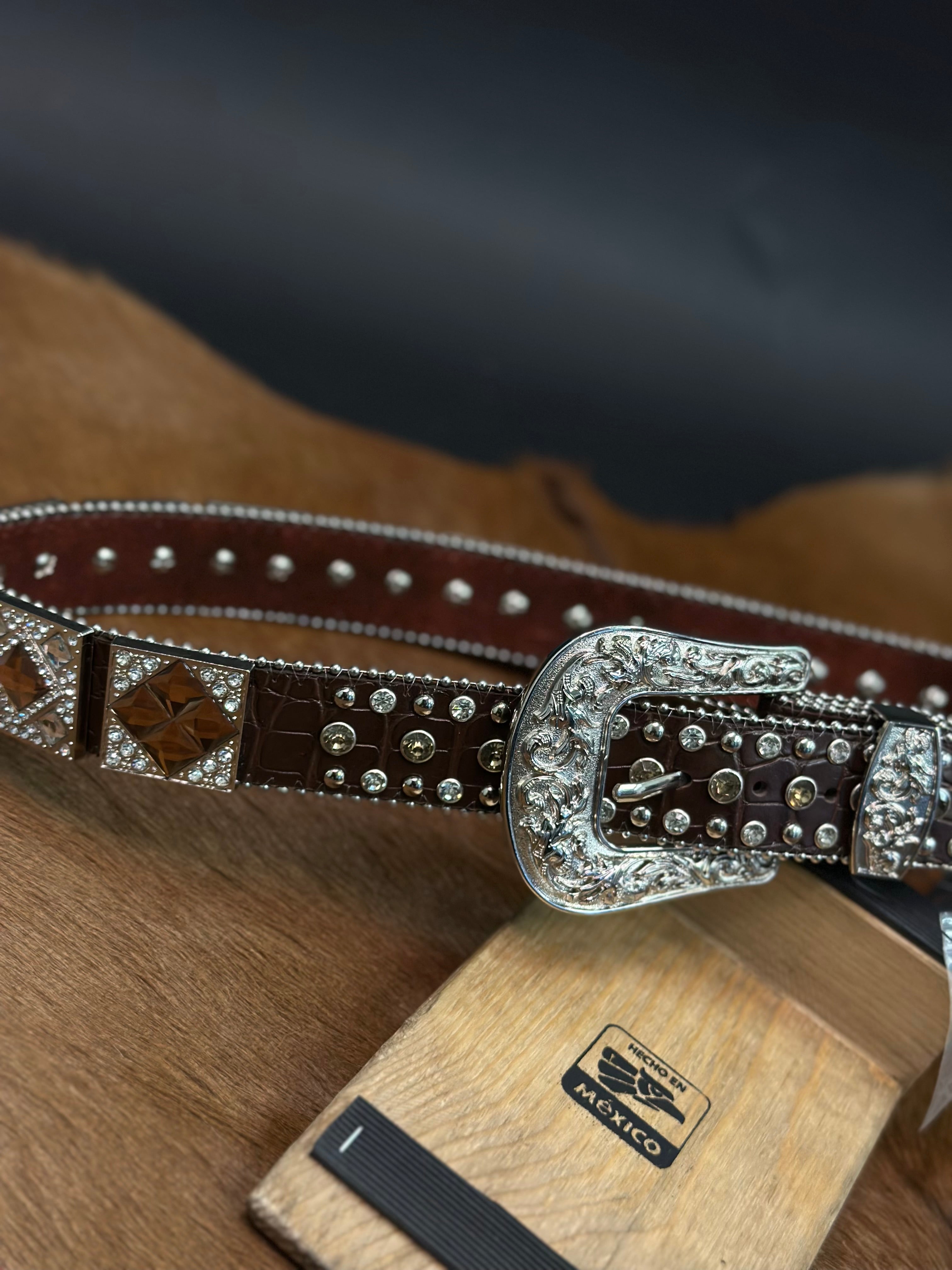 UNISEX BROWN EXOTIC CLEAR BLING BELT SILVER BUCKLE