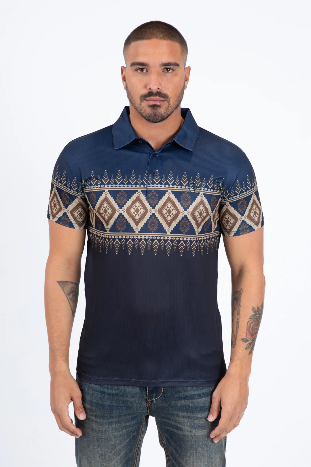 PLATINI MENS MODERN FIT STRETCH FOIL FASHION SHORT SLEEVE SHIRT AZTEC BLACK & BLUE PGP11447