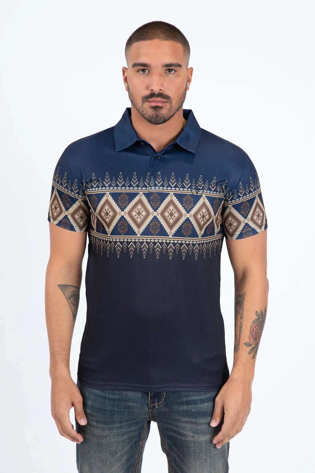 PLATINI MENS MODERN FIT STRETCH FOIL FASHION SHORT SLEEVE SHIRT AZTEC BLACK & BLUE PGP11447 Laherradurawwnc.com