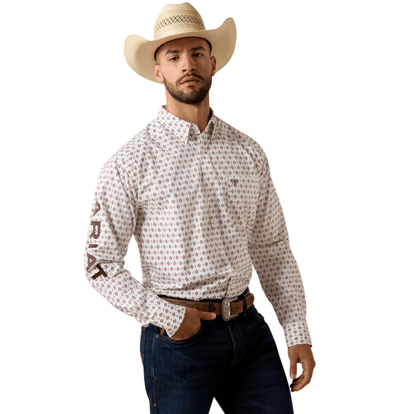 ARIAT MENS TEAM DALLAS LS SHRT WHITE MULTI GEO PRINT/BLACK 10073629 Laherradurawwnc.com