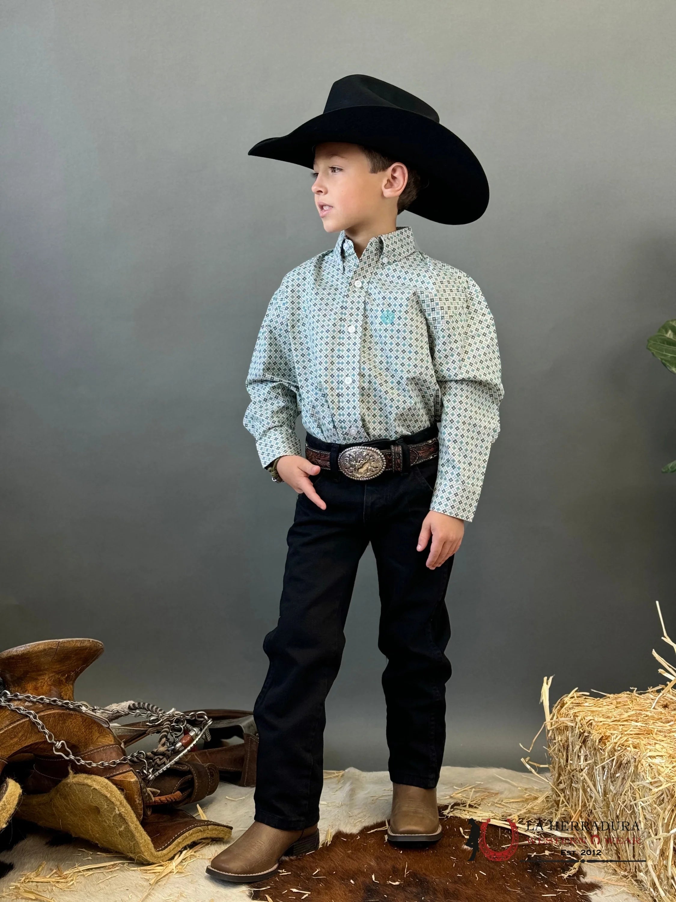 PANHANDLE KIDS LS 1PKT GEO BD TEAL PBB2S02307