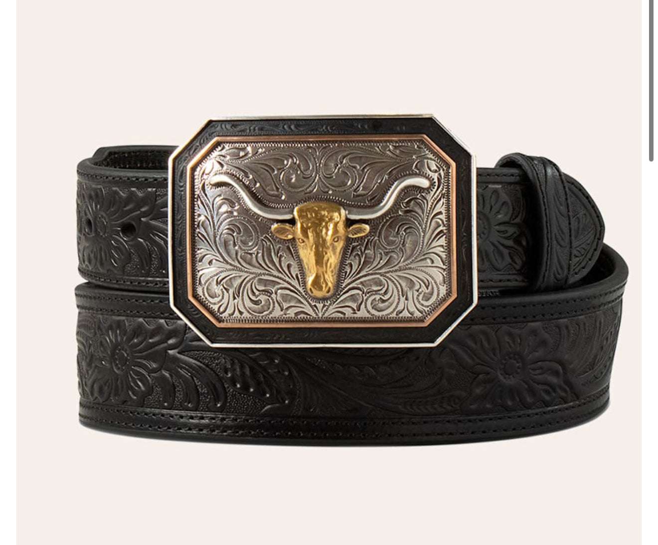 ARIAT MENS FLORAL EMBOSSED BLACK BELT & BULL BUCKLE- A1043201 Laherradurawwnc.com