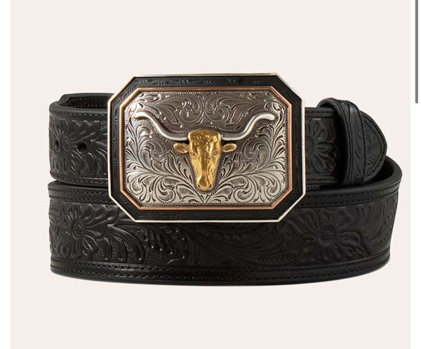 CINTURÓN DE HOMBRE ARIAT NEGRO CON RELIEVE FLORAL Y HEBILLA DE TORO- A1043201