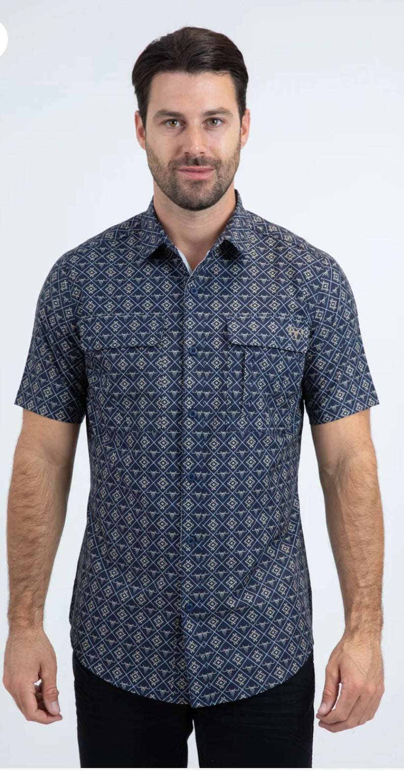 PLATINI MODERN FIT STRETCH BLUE SHORT SLEEVE SHIRT- PGS11116 Laherradurawwnc.com