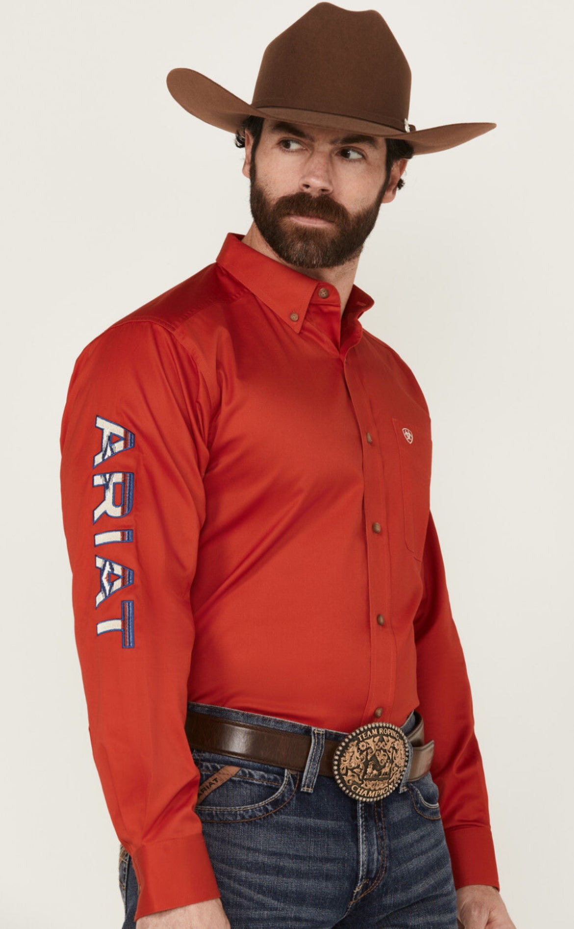 ARIAT MENS TEAM LOGO TWILL LS RED/KHAKI SHIRT- 10055236