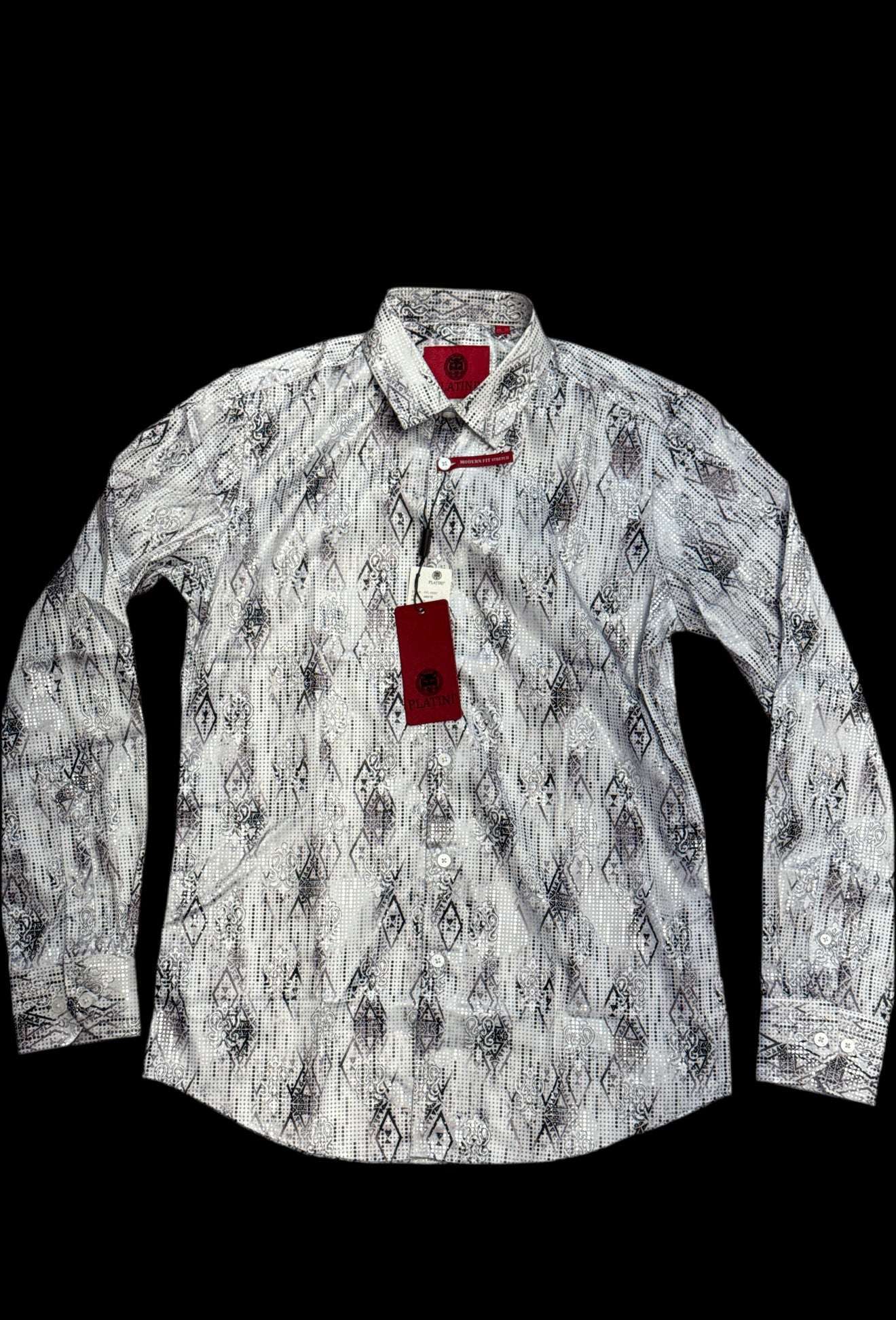 PLATINI MENS MODERN FIT STRETCH FOIL FASHION LONG SLEEVE SHIRT WHITE- FPL10967 Laherradurawwnc.com