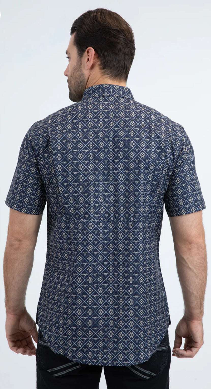 PLATINI MODERN FIT STRETCH BLUE SHORT SLEEVE SHIRT- PGS11116 Laherradurawwnc.com