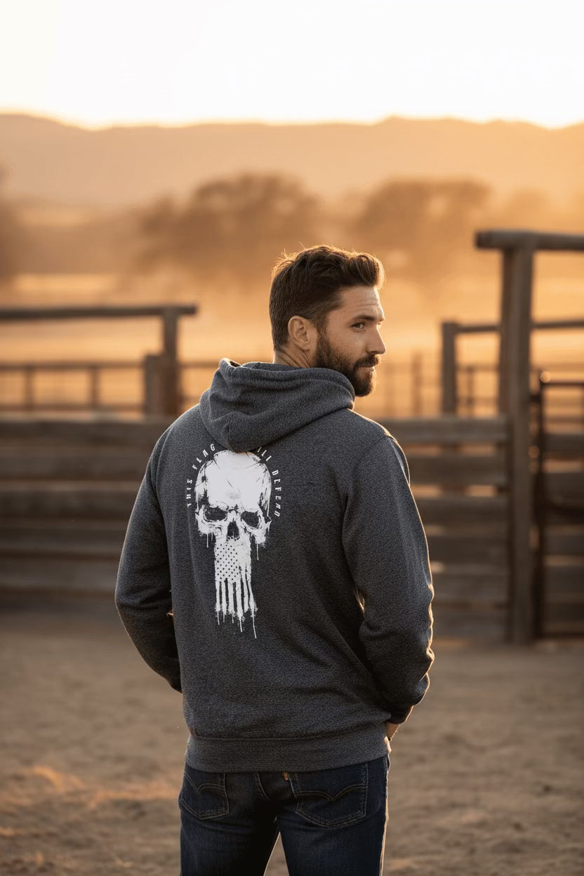 HOWITZER PATRIOT MEN GREY HOODIE FLAG SKULL LOGO CV3417 Laherradurawwnc.com