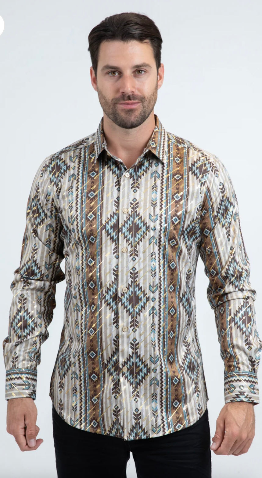 MENS PLATINI MODERN FIT STRETCH FOIL FASHION BEIGE SHIRT- FPL11283