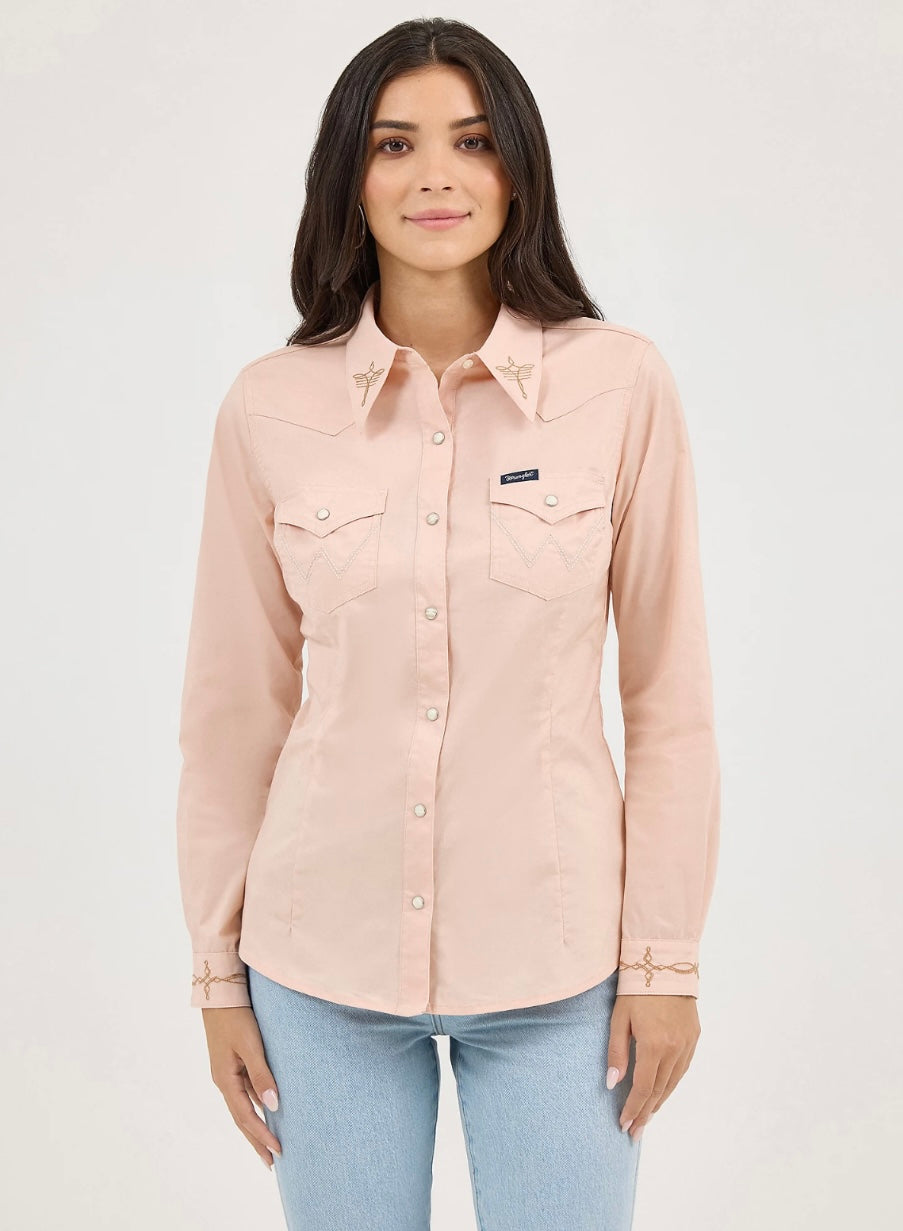 WOMEN'S EMBROIDERED PEACH PINK COLLAR SLIM WESTERN SNAP SHIRT - 112372603