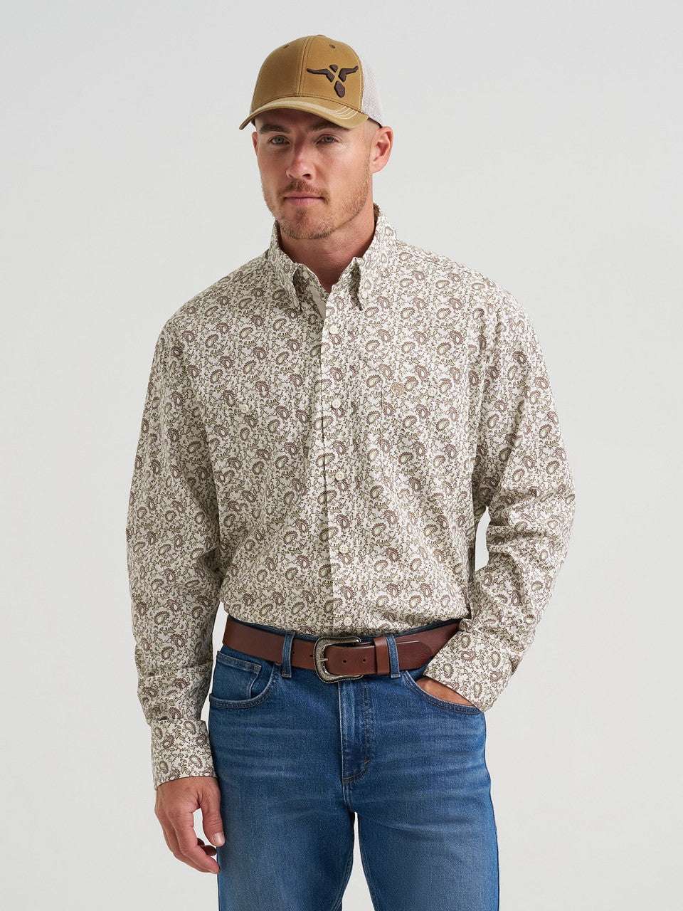WRANGLER MEN BOTTON UP SHIRT MINT AND BROWN BANDANA PRINT 112374543 Laherradurawwnc.com