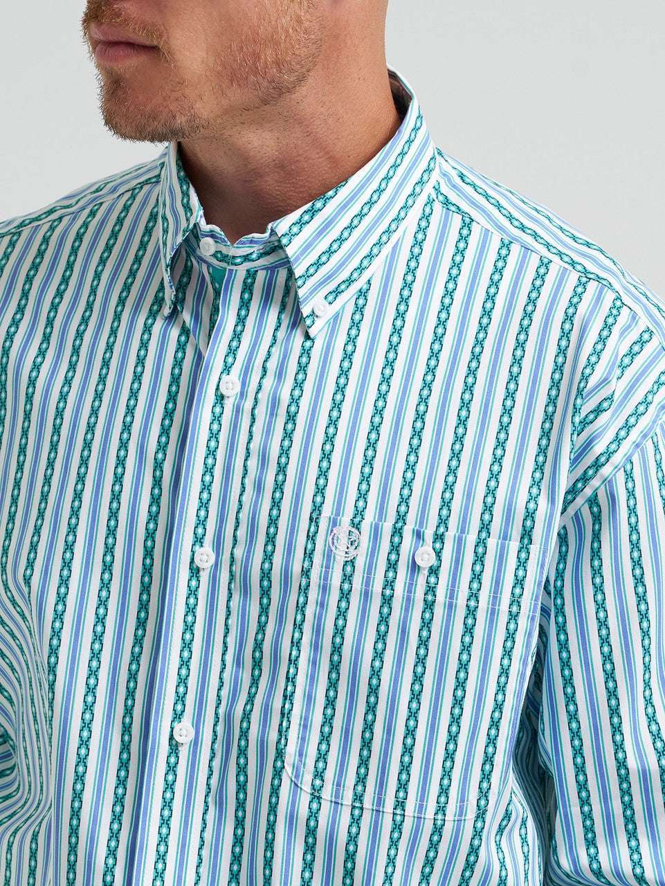 WRANGLER MEN PURAL SNAP TEAL AZTEC LONG SLEEVE SHIRT 112374596 Laherradurawwnc.com