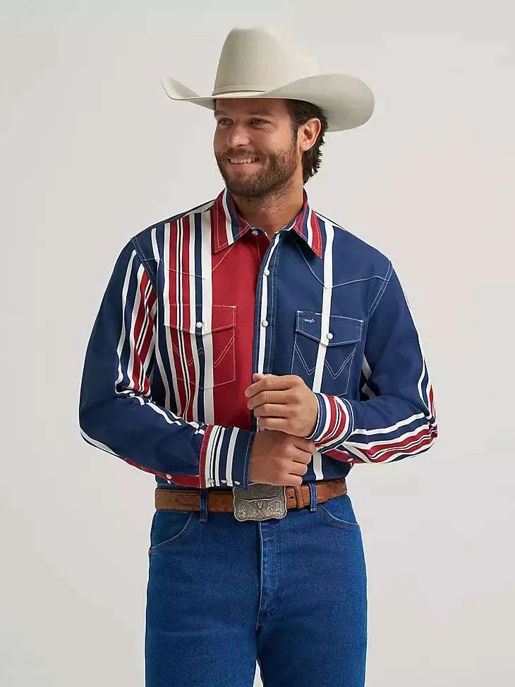 MEN WRANGLER WHITE/RED/BLUE BUTTON UP LONG SLEEVE SHIRT- 112375916 Laherradurawwnc.com
