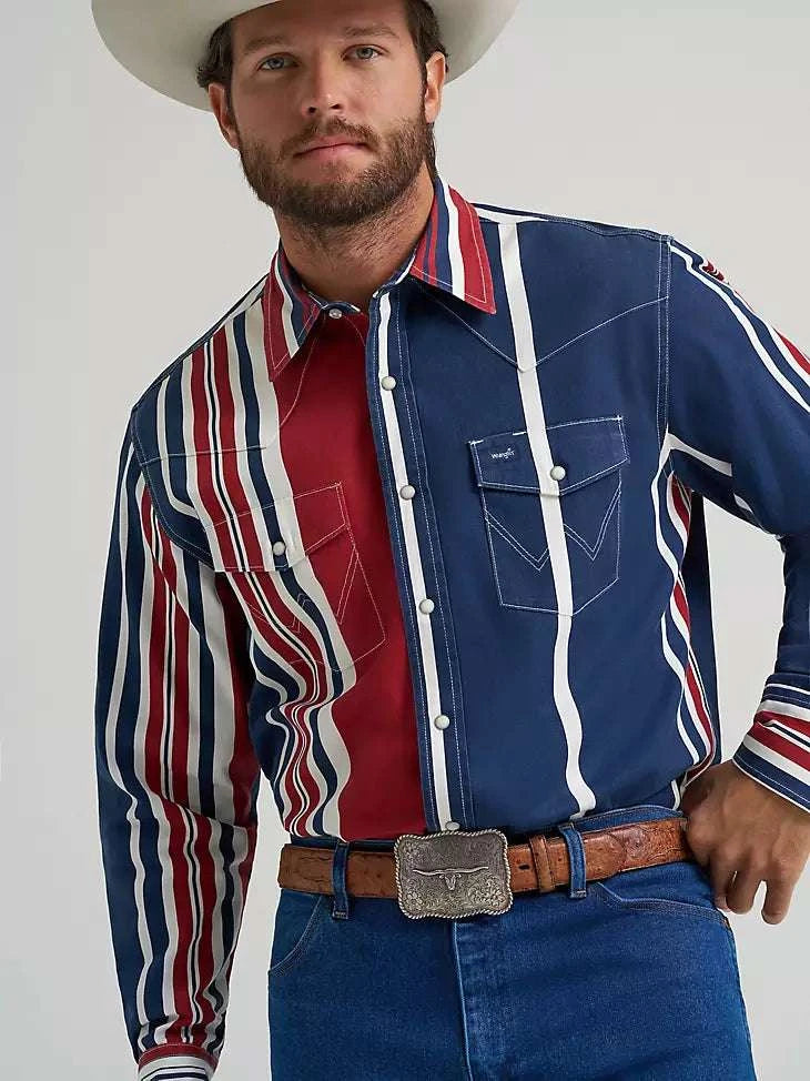 MEN WRANGLER WHITE/RED/BLUE BUTTON UP LONG SLEEVE SHIRT- 112375916 Laherradurawwnc.com