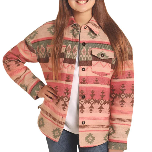 ROCK&ROLL GIRLS AZTEC SHIRT JACKET WITH SHERPA ROSE MAUVE-BGB2C04499