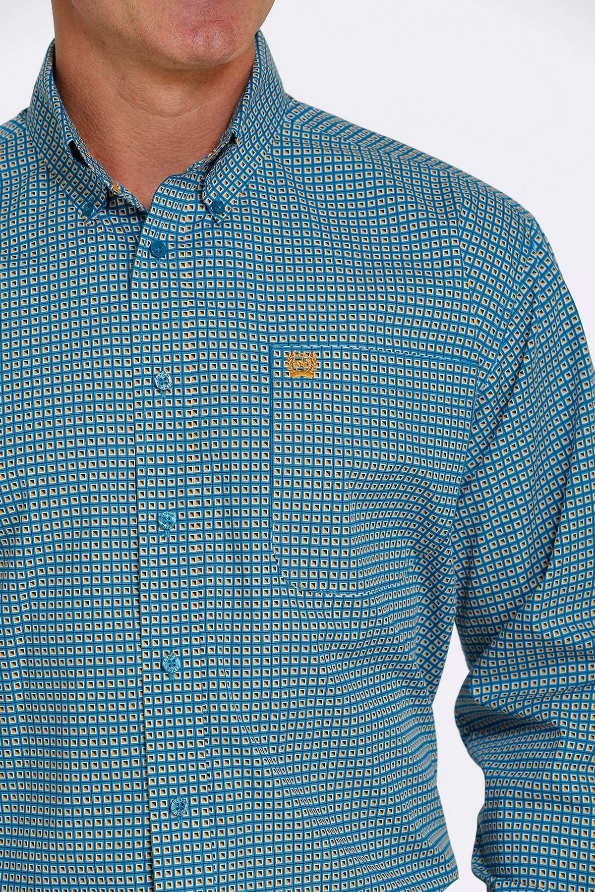 CINCH MEN BOTTON DOWN SHIRT YELLOW BLACK SQUARE TURQUOISE MTW1105437 Laherradurawwnc.com