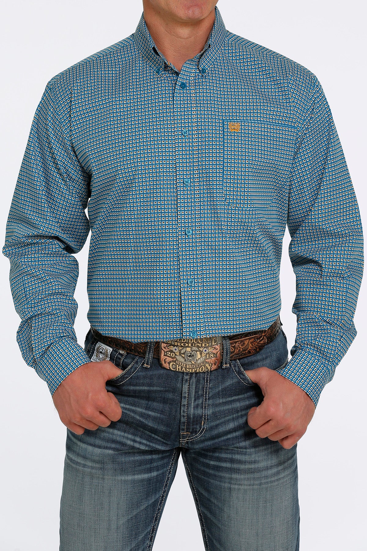 CINCH MEN BOTTON DOWN SHIRT YELLOW BLACK SQUARE TURQUOISE MTW1105437