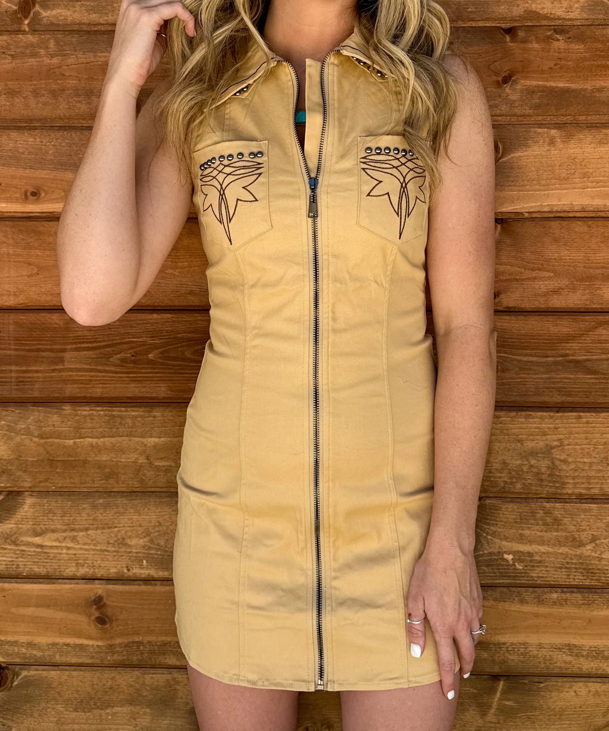 Lucky And Blessed beige Zip up Dress