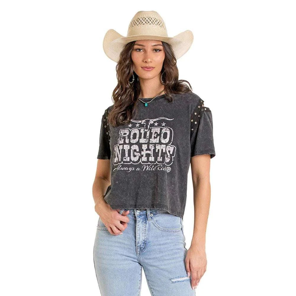 ROCK&ROLL WOMENS BLACK Grommet Sleeve Graphic Tee BW21TO6461 Laherradurawwnc.com