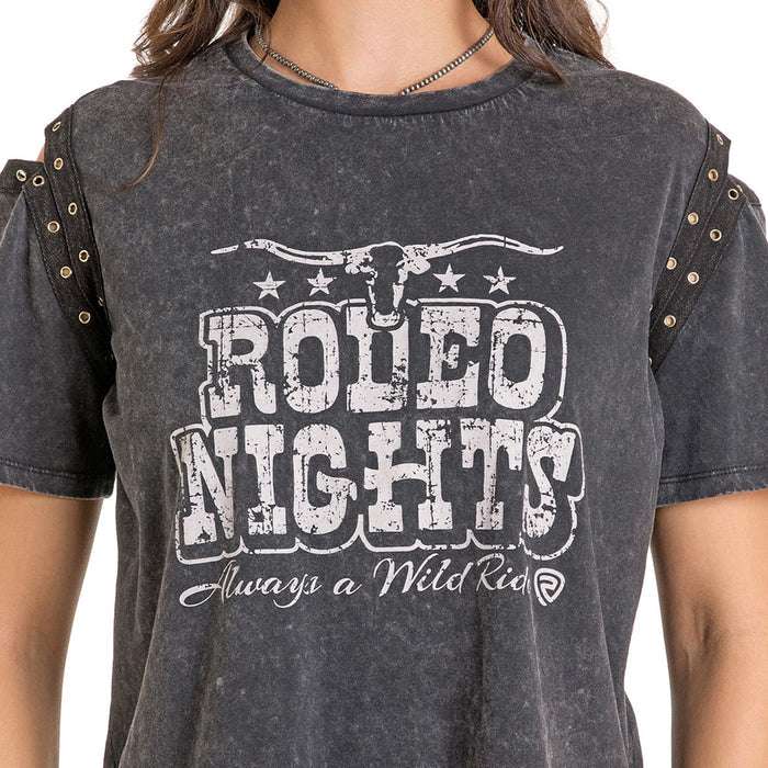 ROCK&ROLL WOMENS BLACK Grommet Sleeve Graphic Tee BW21TO6461 Laherradurawwnc.com