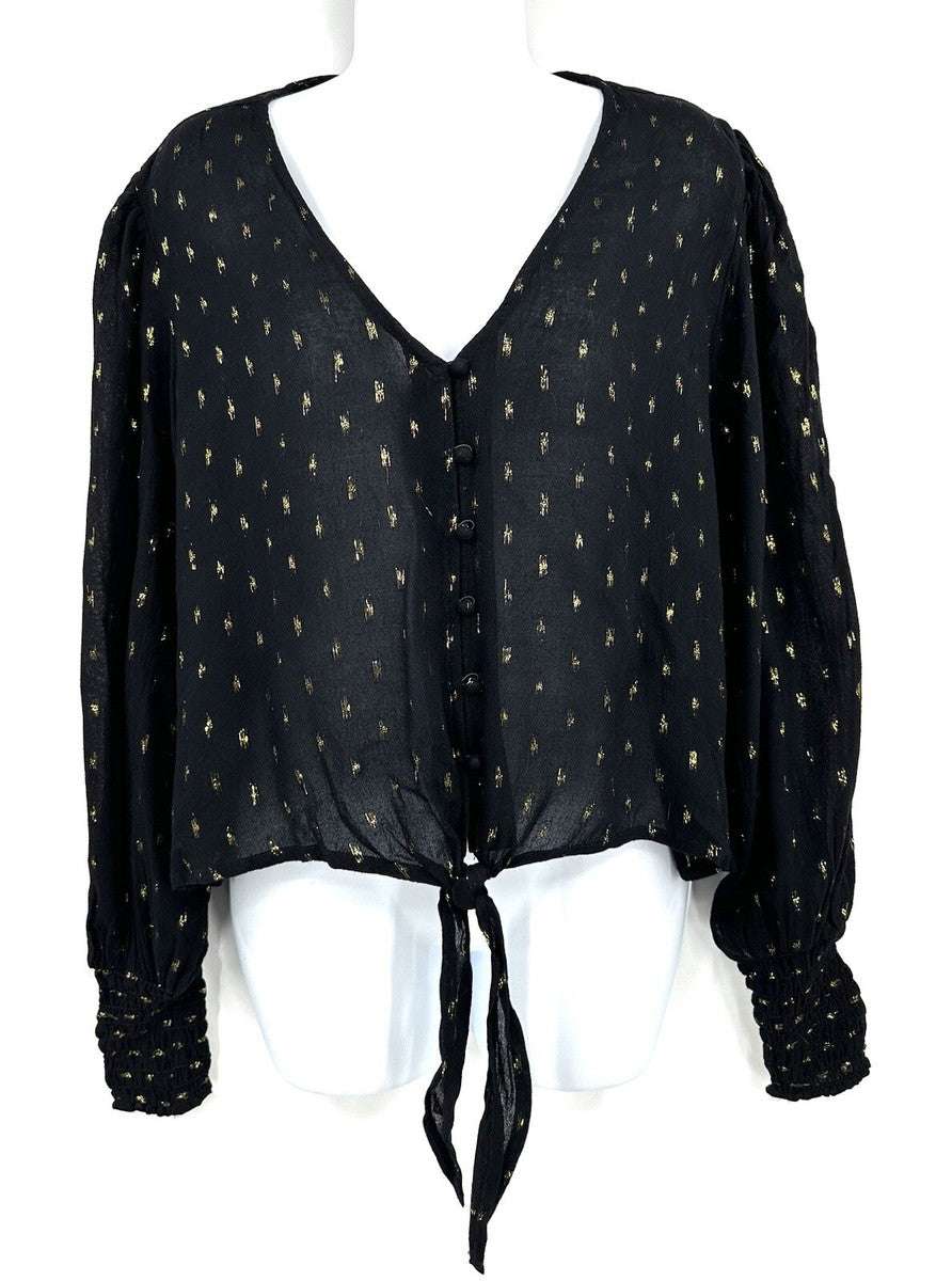 Wrangler Retro Semi Sheer Tie Front Poet Sleeve Cropped Blouse 112324025 Laherradurawwnc.com