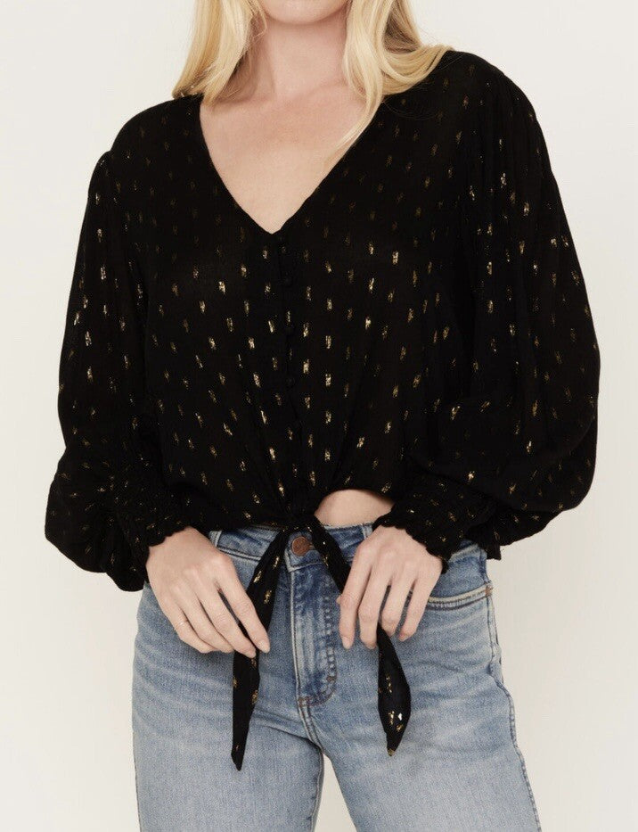 Wrangler Retro Semi Sheer Tie Front Poet Sleeve Cropped Blouse 112324025