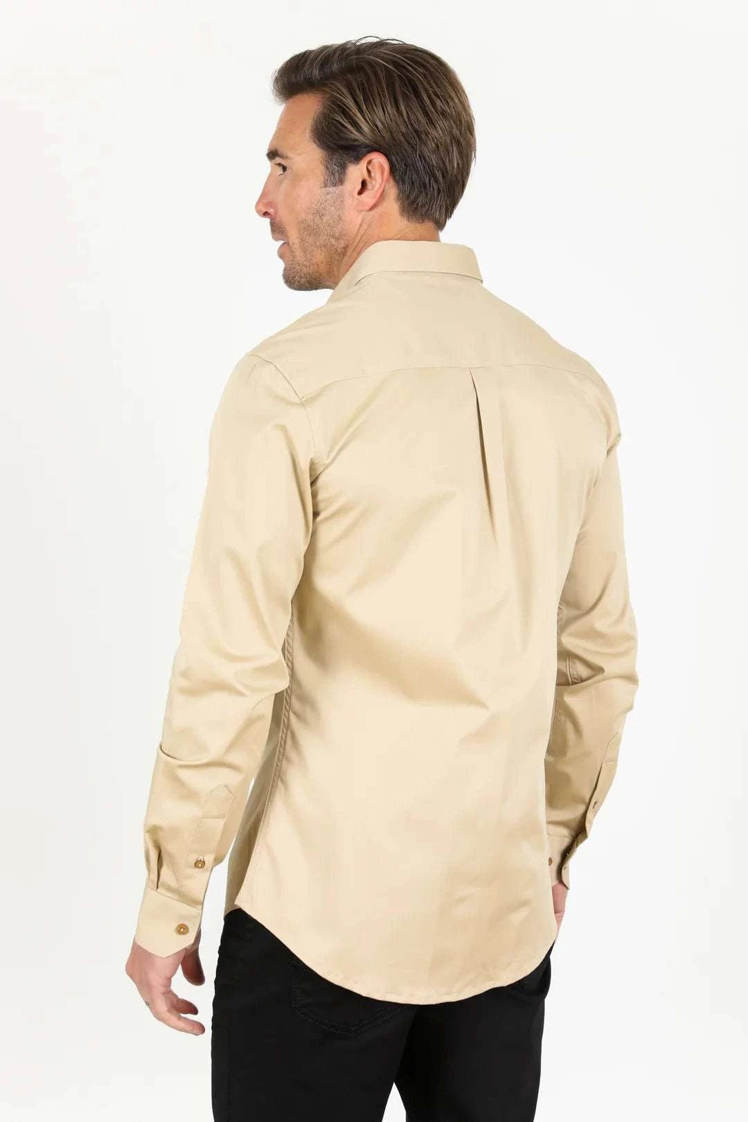 PLATINI MEN’S SHIRT MODERN FIT STRETCH BEIGE - TKL11301 Laherradurawwnc.com