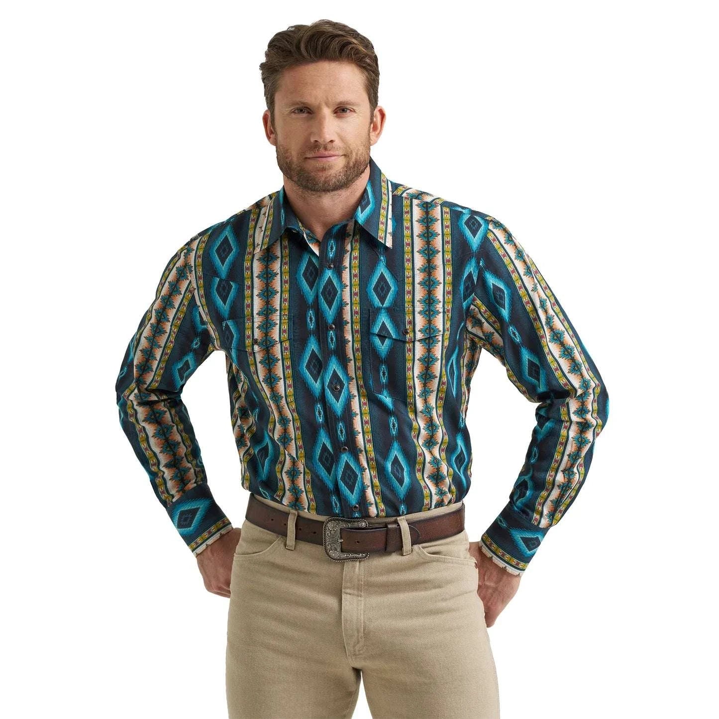 WRANGLER BLUE AZTEC LS SHIRT -112369467 Laherradurawwnc.com