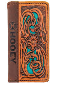 HOOEY HAND-TOOLED LEATHER RODEO WALLET WITH TURQUOISE-HW025