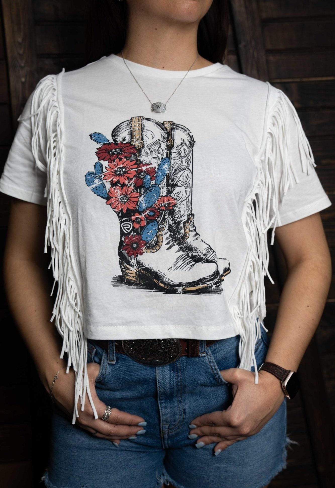 ROCK&ROLL WOMENS NATURAL/ GRAPHIC T-SHIRT WITH FRINGE- BW21T05943