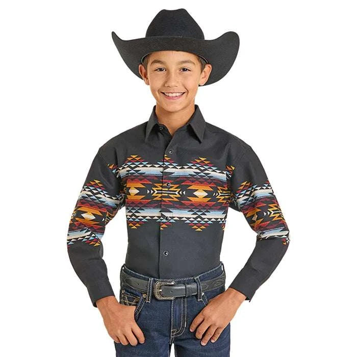 PANHANDLE KIDS AZTEC BORDER LS SNAP BLACK SBN2S07385 Laherradurawwnc.com