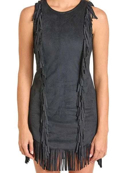 ROCK&ROLL WOMEN MICROSUEDE DRESS WITH FRINGE BLACK BWD0R06999 Laherradurawwnc.com
