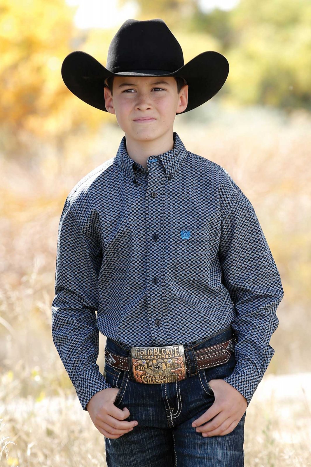 CINCH KIDS SHIRT LONG SLEEVE BLACK & BLUE MTW7060259