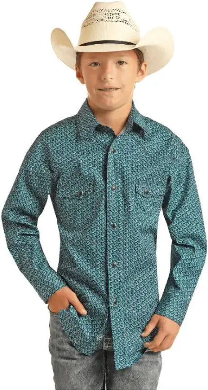 ROCK&ROLL KIDS -BOYS A HORSESHOE LS SNAP TURQUOISE RRBSOSRZ80